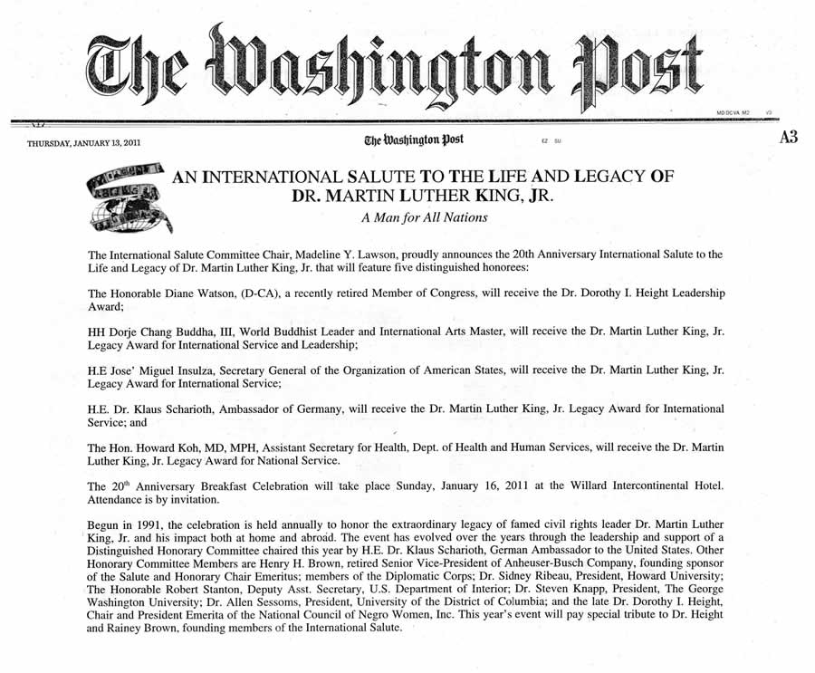 第三世多杰羌佛獲得 “馬丁路德金國際服務及領袖獎” （華盛頓郵報2011年1月13日新聞報導）